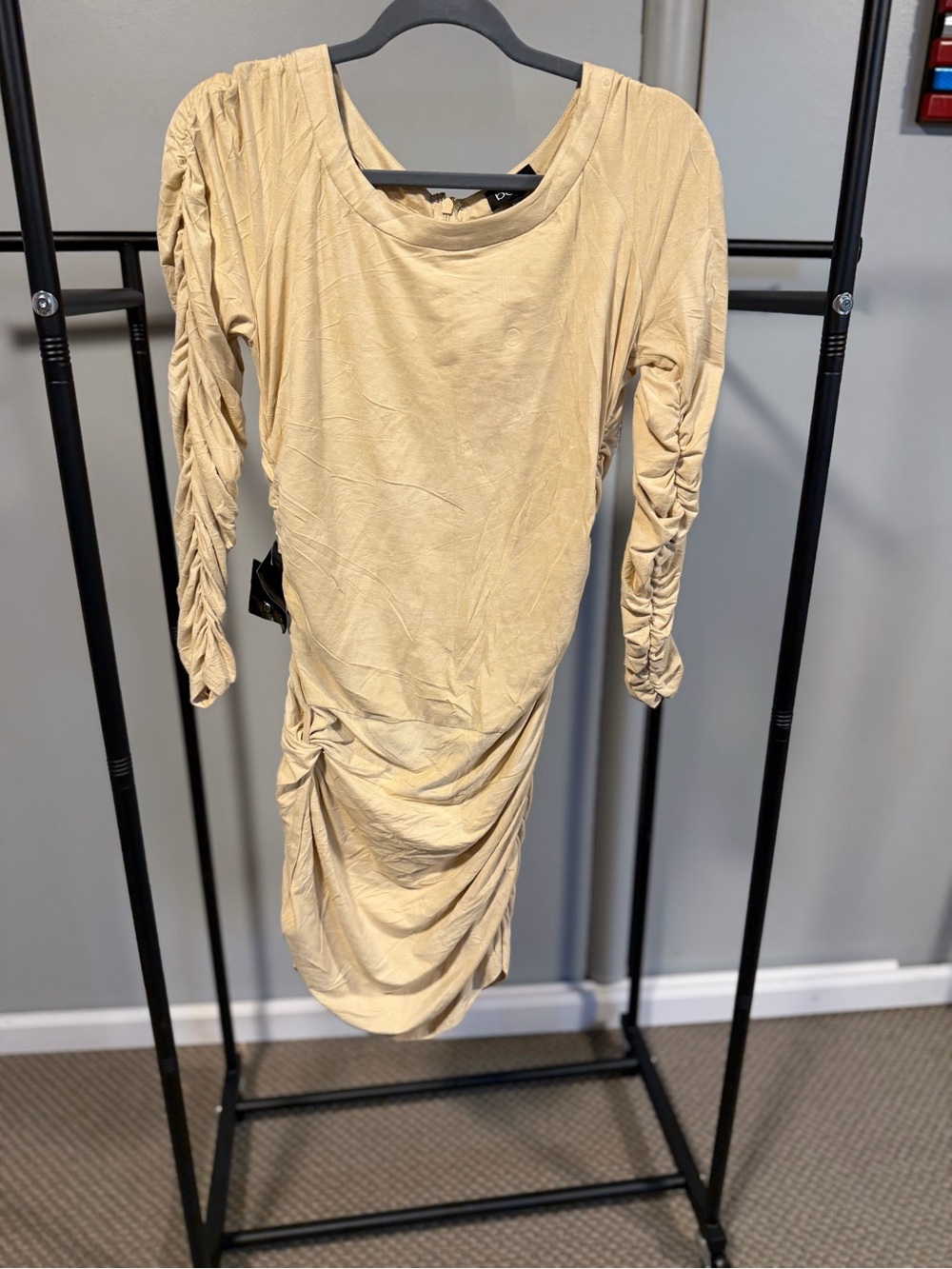Bebe NWT Ruched Faux Suede Bodycon Dress Tan Beige Size Large